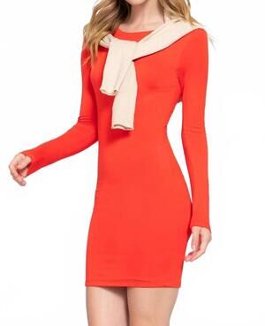 NEW 42POPS stephany long sleeve rayon jersey mini dress in spicy orange